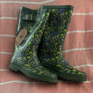 Landchief Women's Tall Waterproof Rubber Rain Boots in a green floral pattern